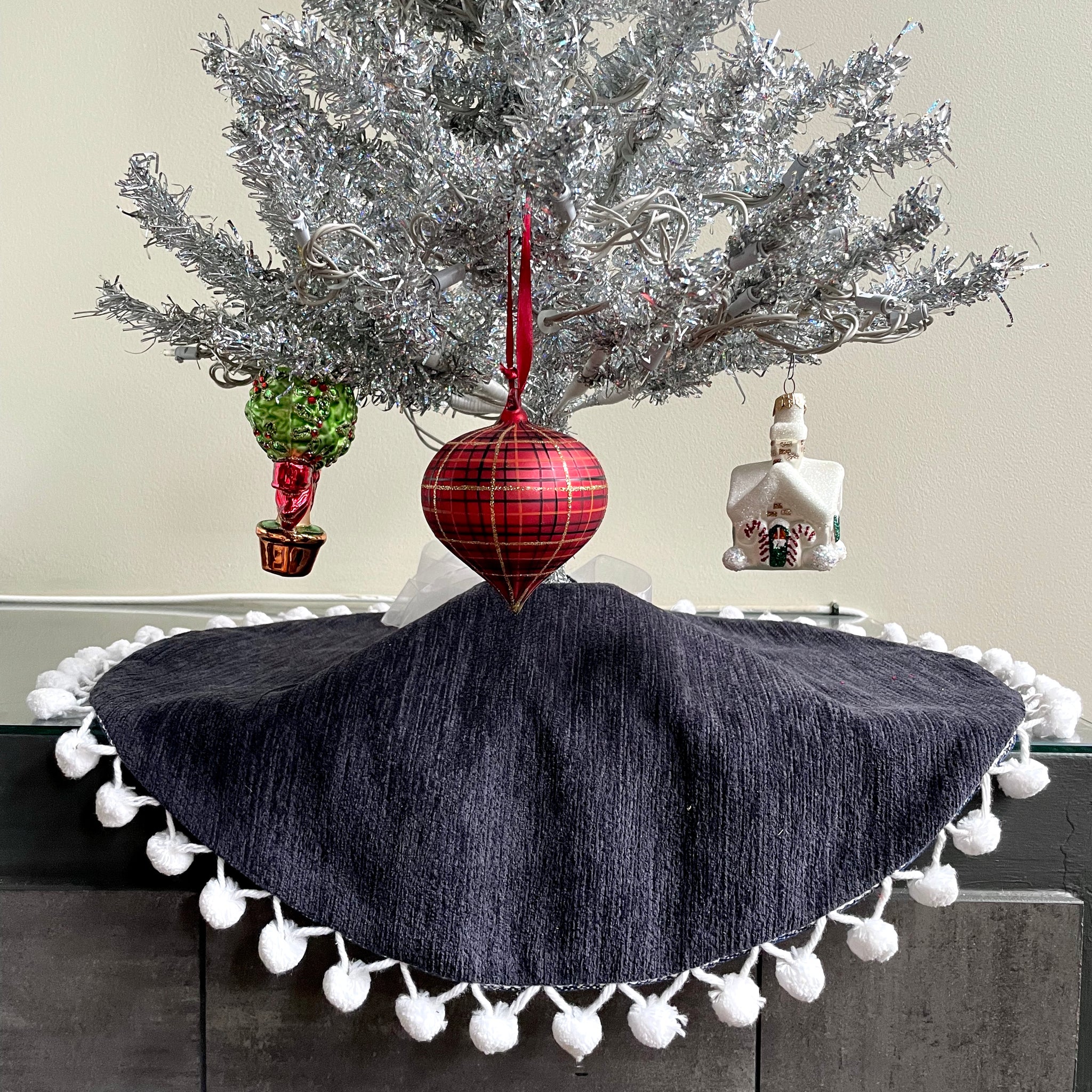 24" Navy Blue Tweed Tabletop Christmas Tree Skirt with Pom Pom Fringe | Reversible