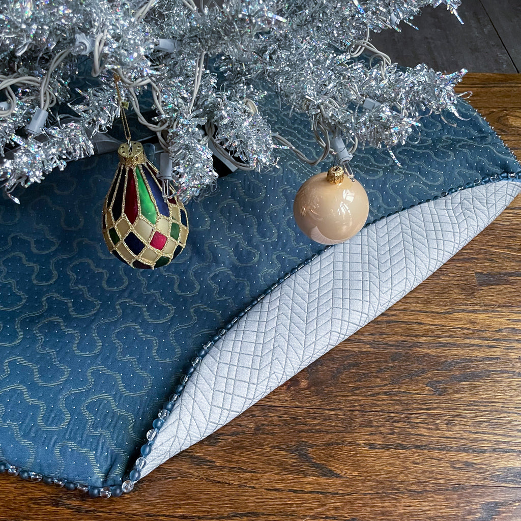 30" Blue and Gray Christmas Tree Skirt with Beads | Reversible