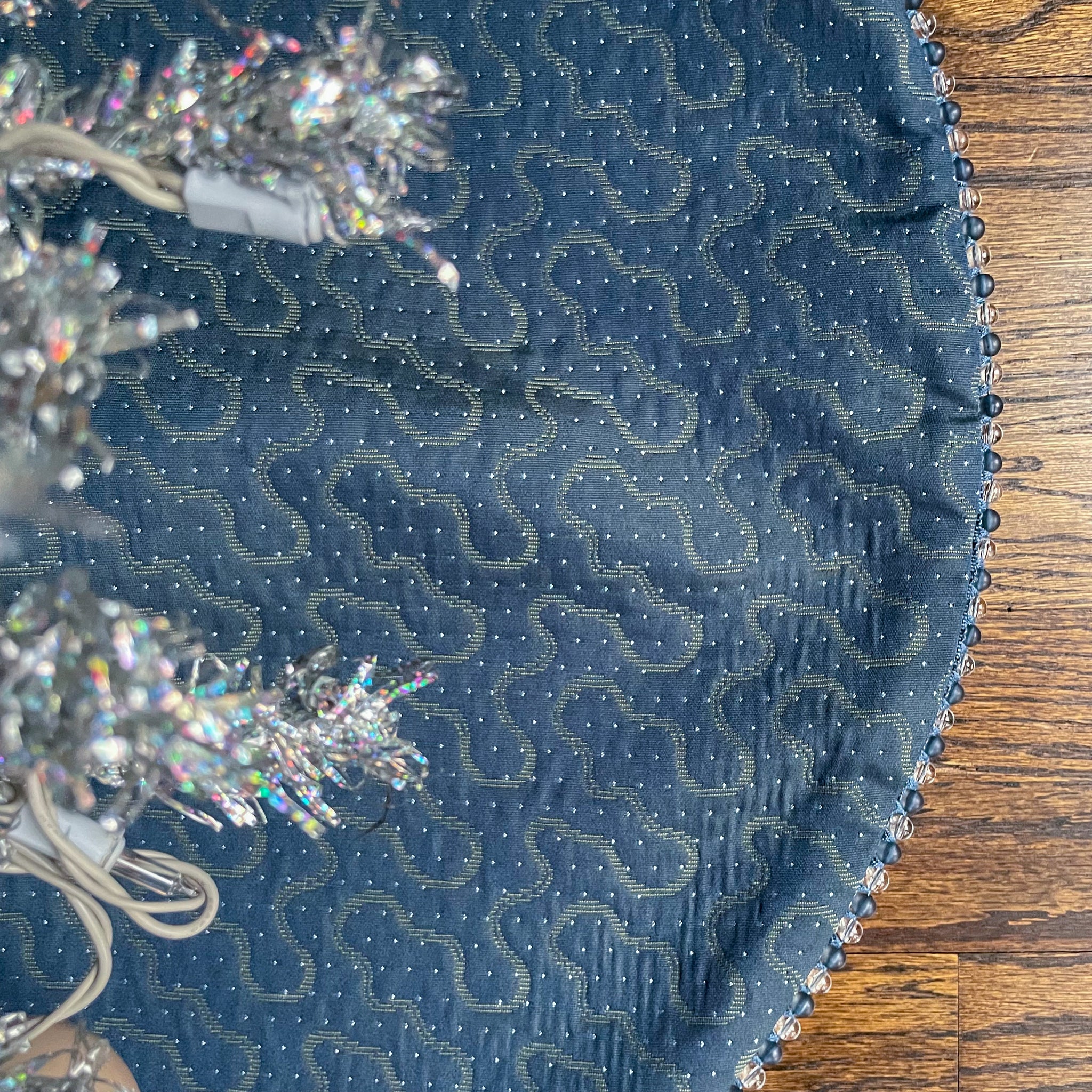 30" Blue and Gray Christmas Tree Skirt with Beads | Reversible