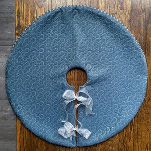 30" Blue and Gray Christmas Tree Skirt with Beads | Reversible