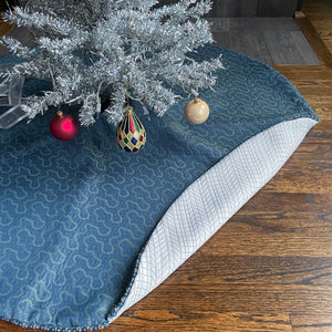 48" Blue and Gray Christmas Tree Skirt with Beads | Reversible