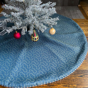 48" Blue and Gray Christmas Tree Skirt with Beads | Reversible