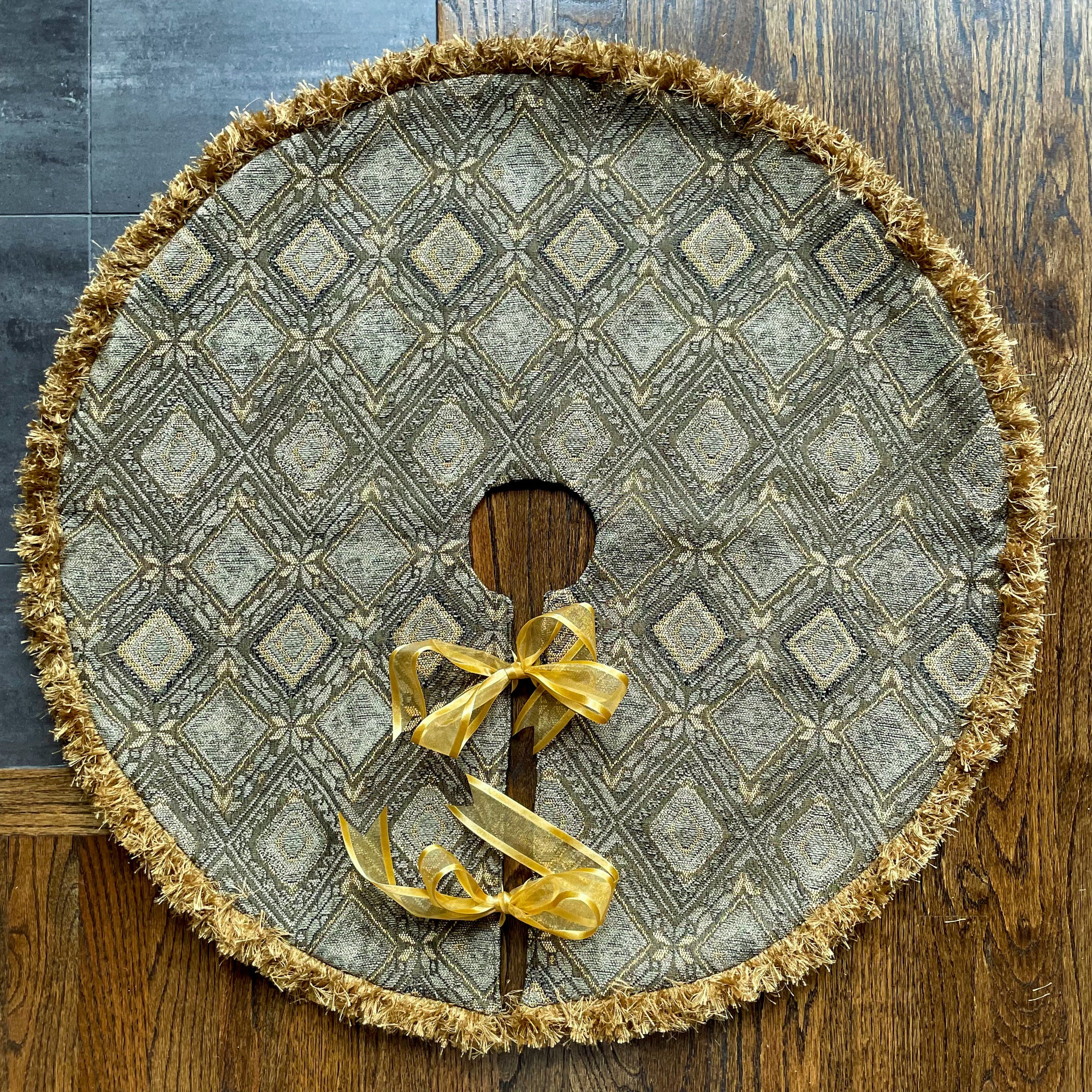 30" Olive Green and Gold Christmas Tree Skirt with Fringe | Reversible