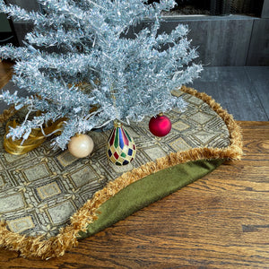 30" Olive Green and Gold Christmas Tree Skirt with Fringe | Reversible