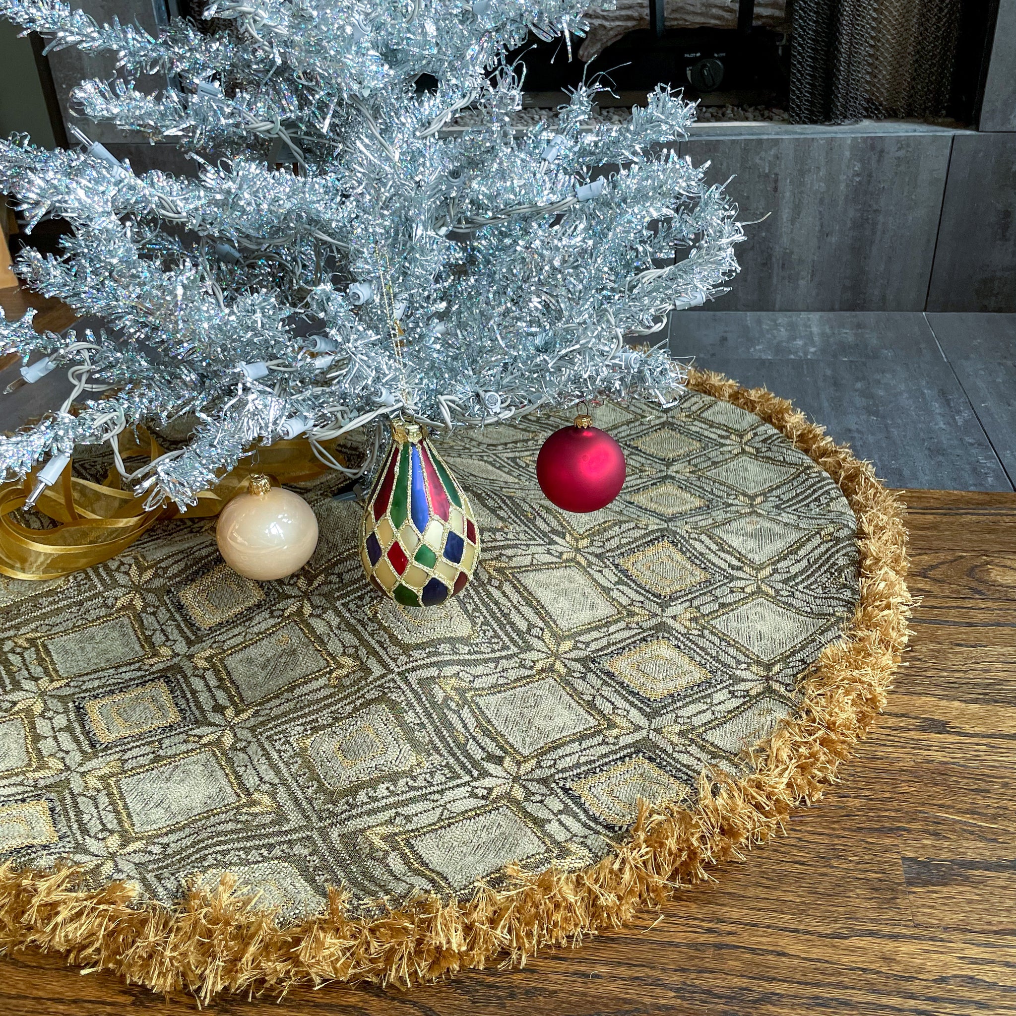 30" Olive Green and Gold Christmas Tree Skirt with Fringe | Reversible