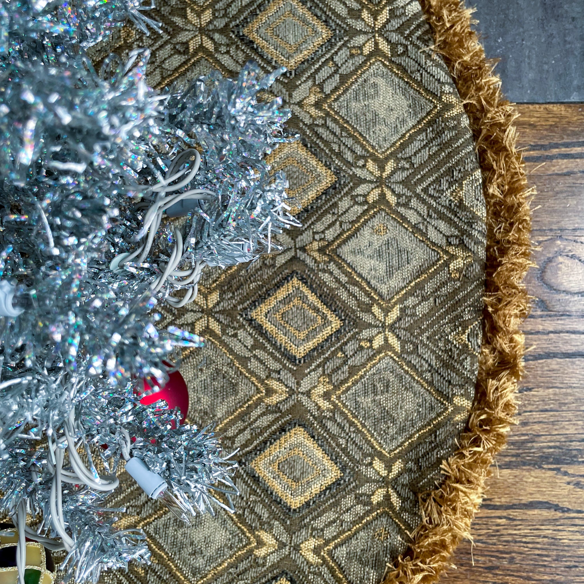 30" Olive Green and Gold Christmas Tree Skirt with Fringe | Reversible