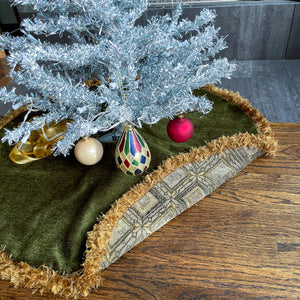 30" Olive Green and Gold Christmas Tree Skirt with Fringe | Reversible