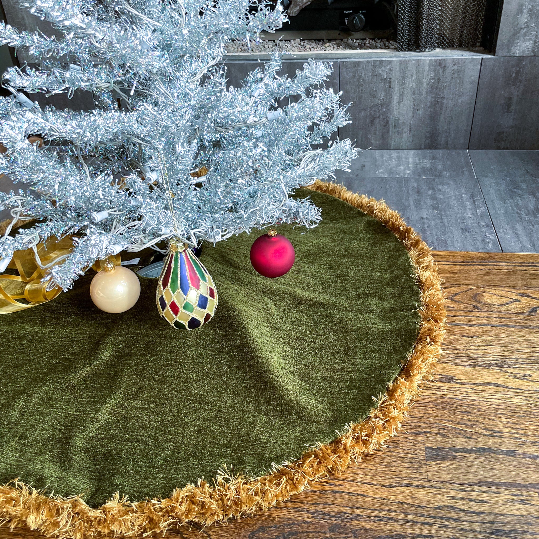 30" Olive Green and Gold Christmas Tree Skirt with Fringe | Reversible