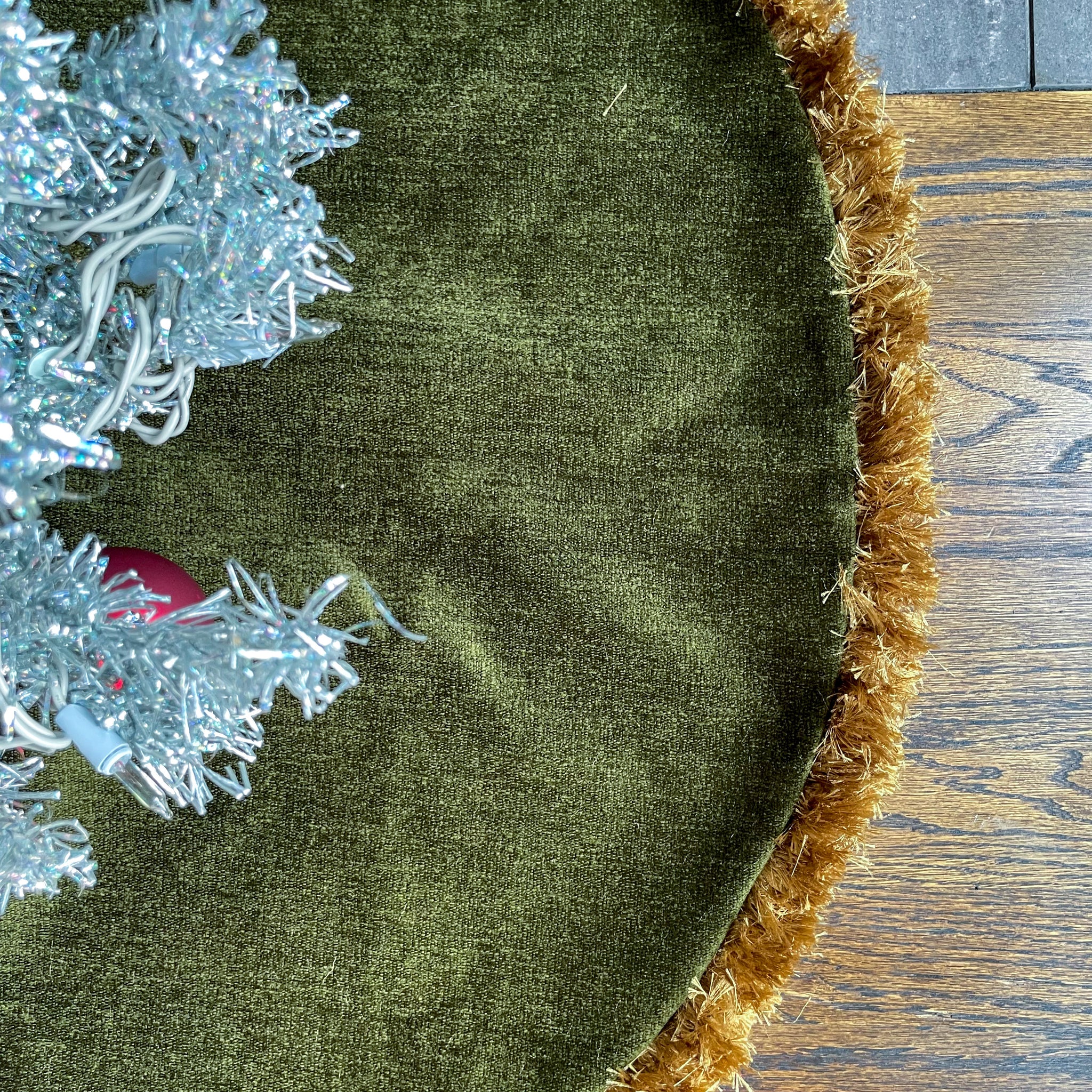 30" Olive Green and Gold Christmas Tree Skirt with Fringe | Reversible