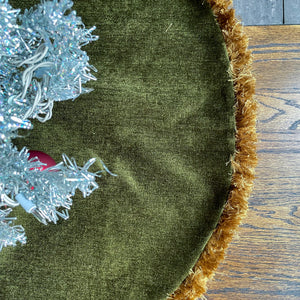 30" Olive Green and Gold Christmas Tree Skirt with Fringe | Reversible