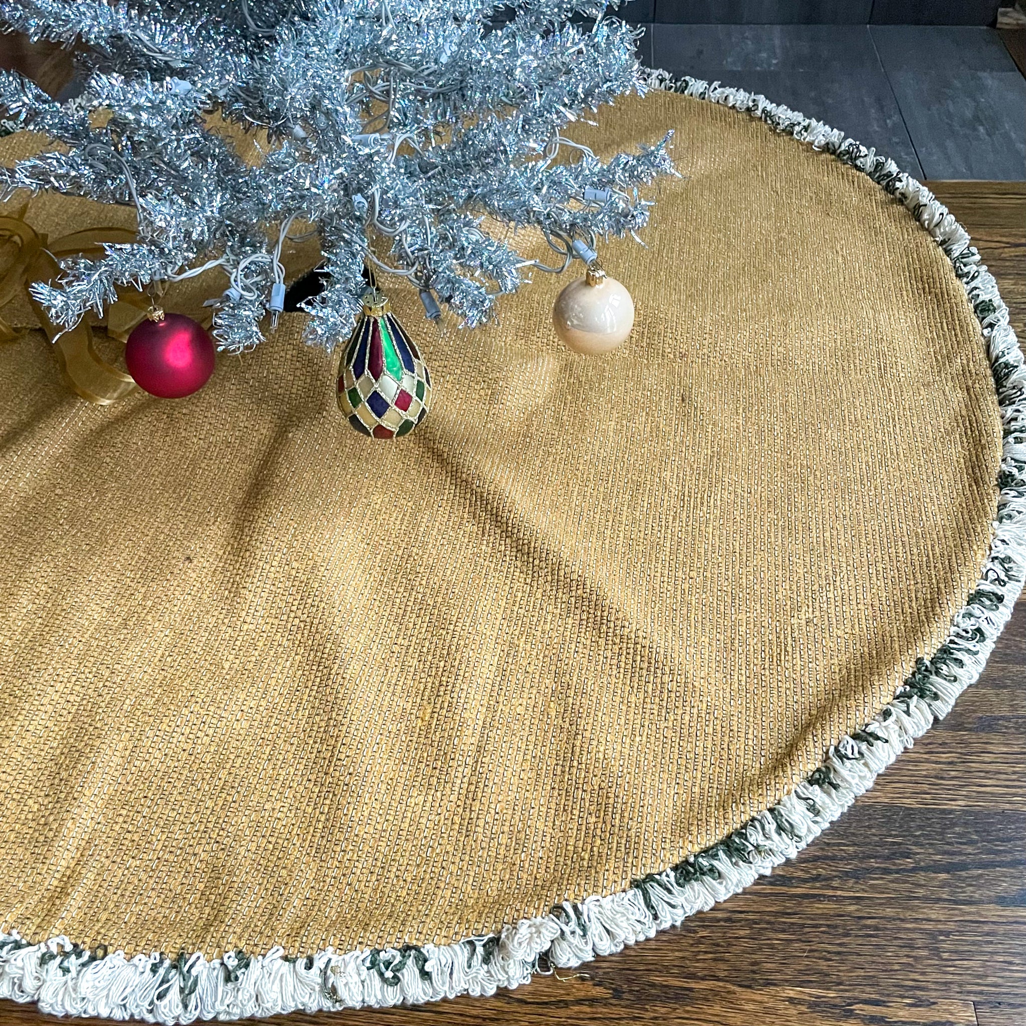 48" Olive Green and Gold Christmas Tree Skirt with Fringe | Reversible