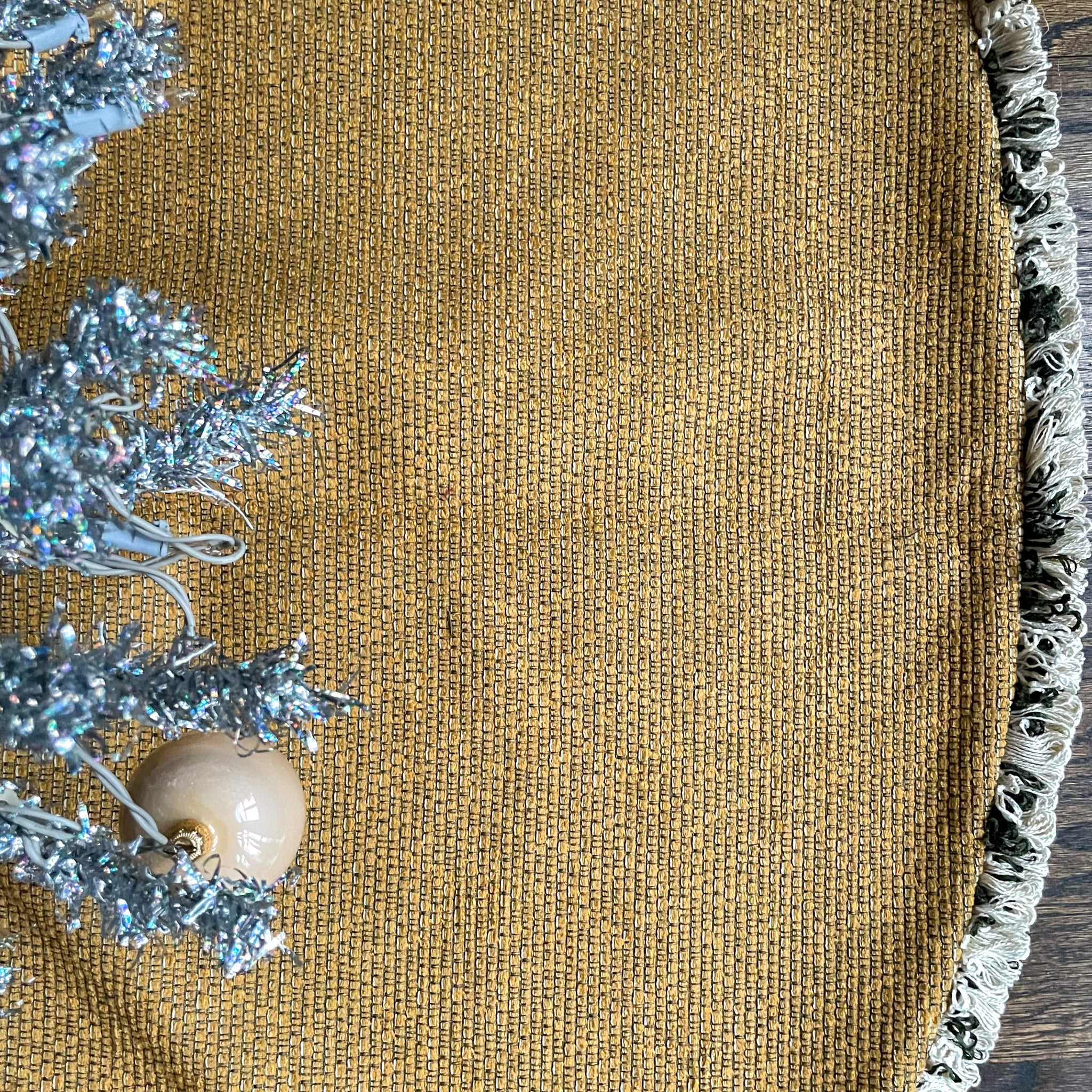 48" Olive Green and Gold Christmas Tree Skirt with Fringe | Reversible