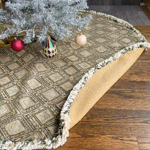 48" Olive Green and Gold Christmas Tree Skirt with Fringe | Reversible