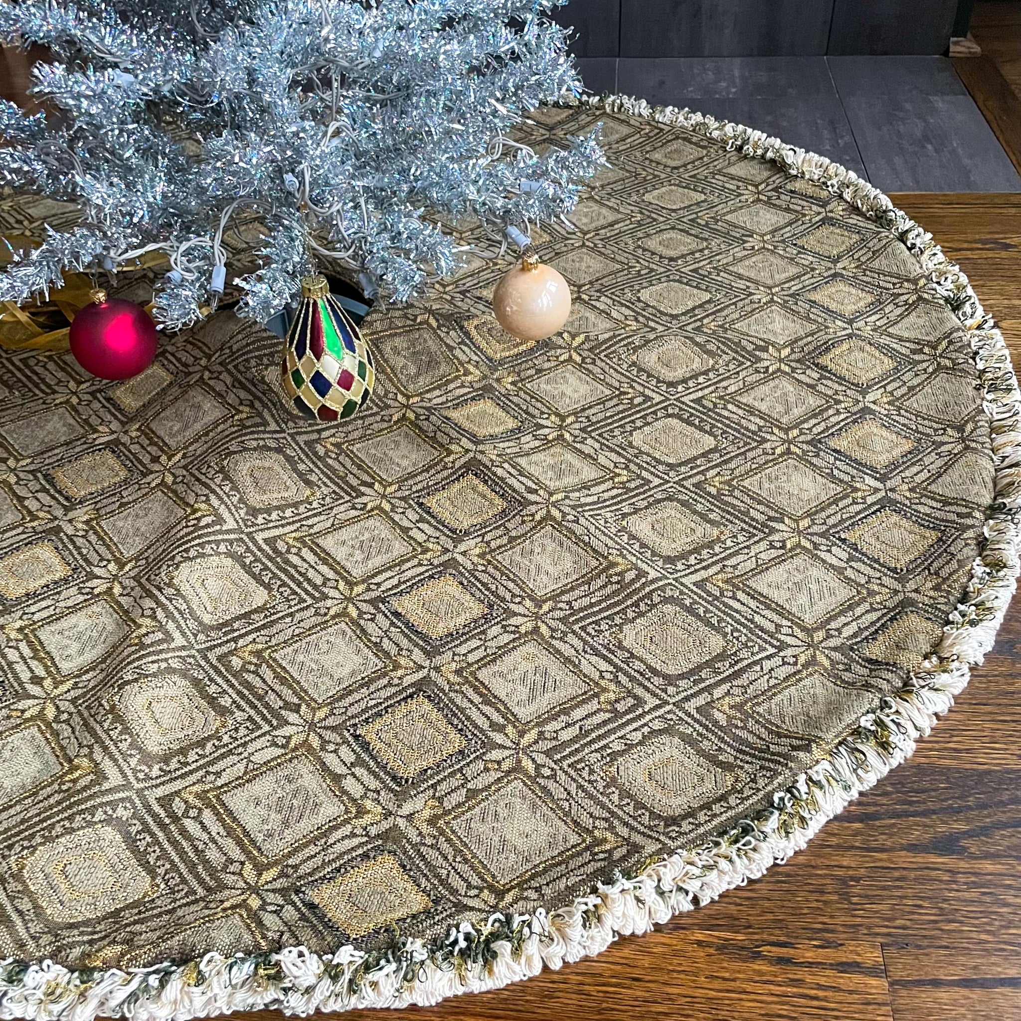 48" Olive Green and Gold Christmas Tree Skirt with Fringe | Reversible