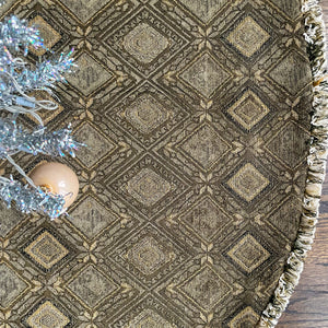 48" Olive Green and Gold Christmas Tree Skirt with Fringe | Reversible