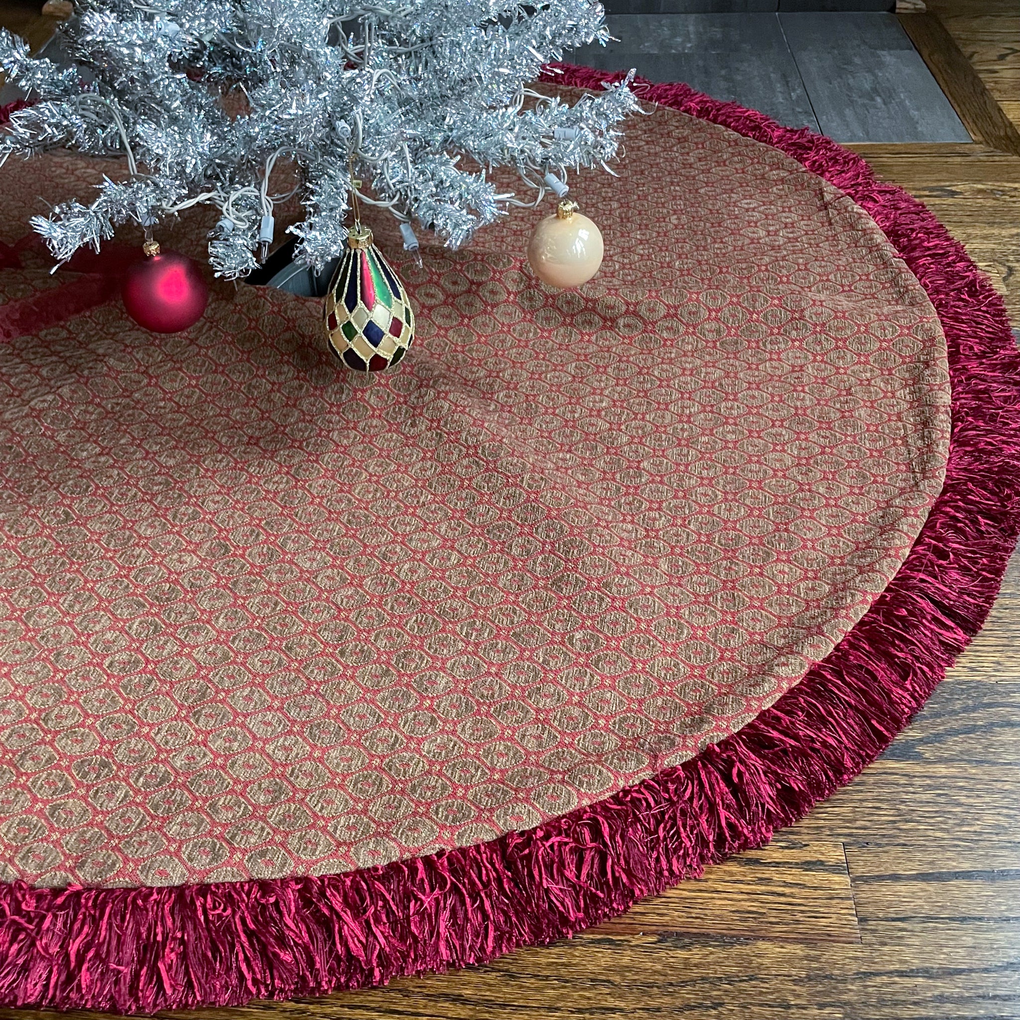 48" Red, Beige and Gold Christmas Tree Skirt with Fringe | Reversible