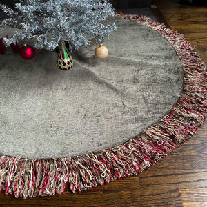 48"  Off White and Light Gray Christmas Tree Skirt with 5" Fringe | Reversible