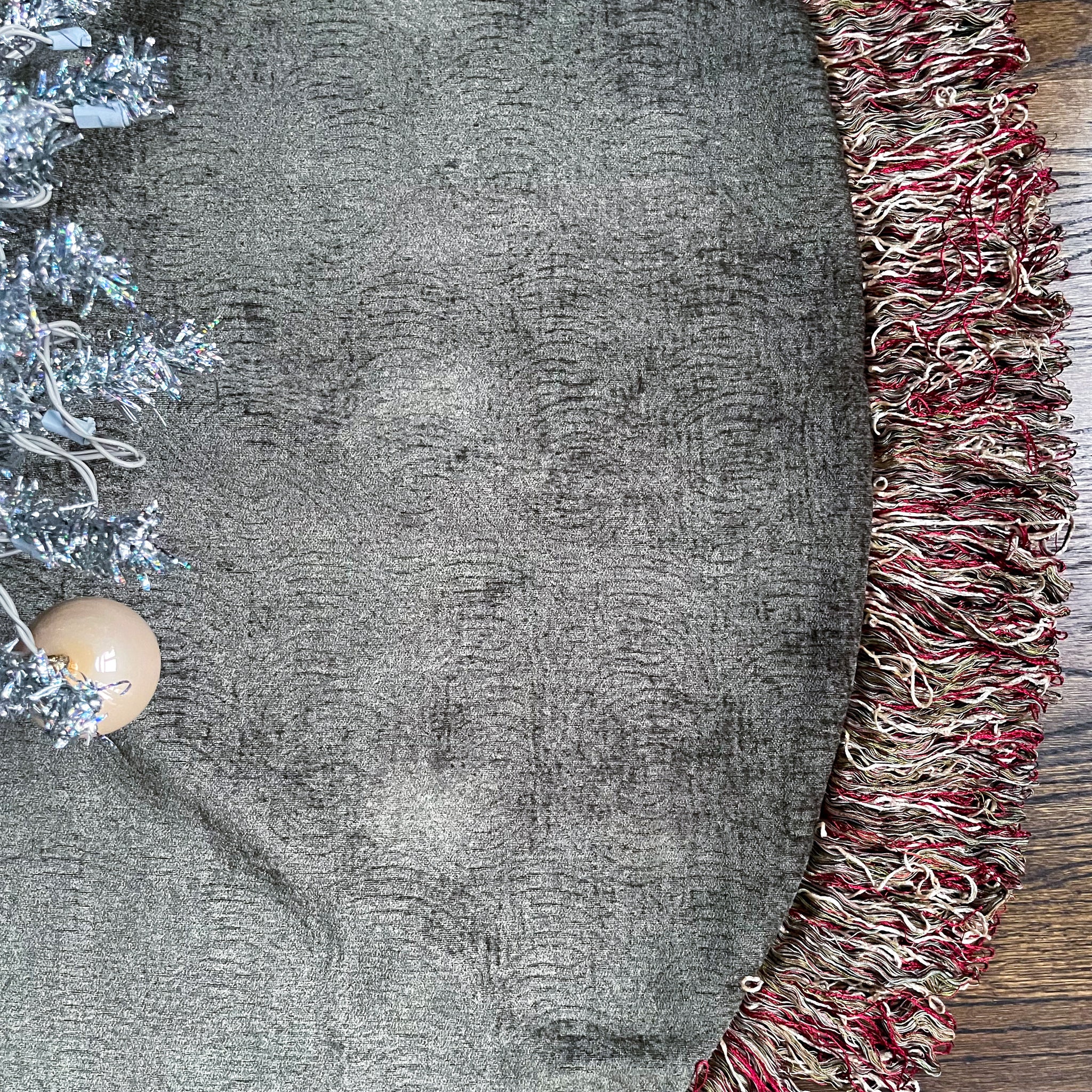 48"  Off White and Light Gray Christmas Tree Skirt with 5" Fringe | Reversible