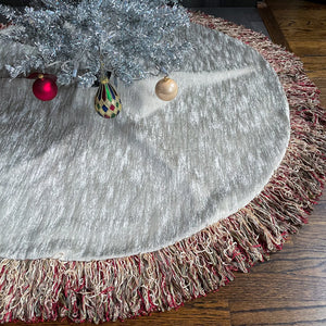 48"  Off White and Light Gray Christmas Tree Skirt with 5" Fringe | Reversible