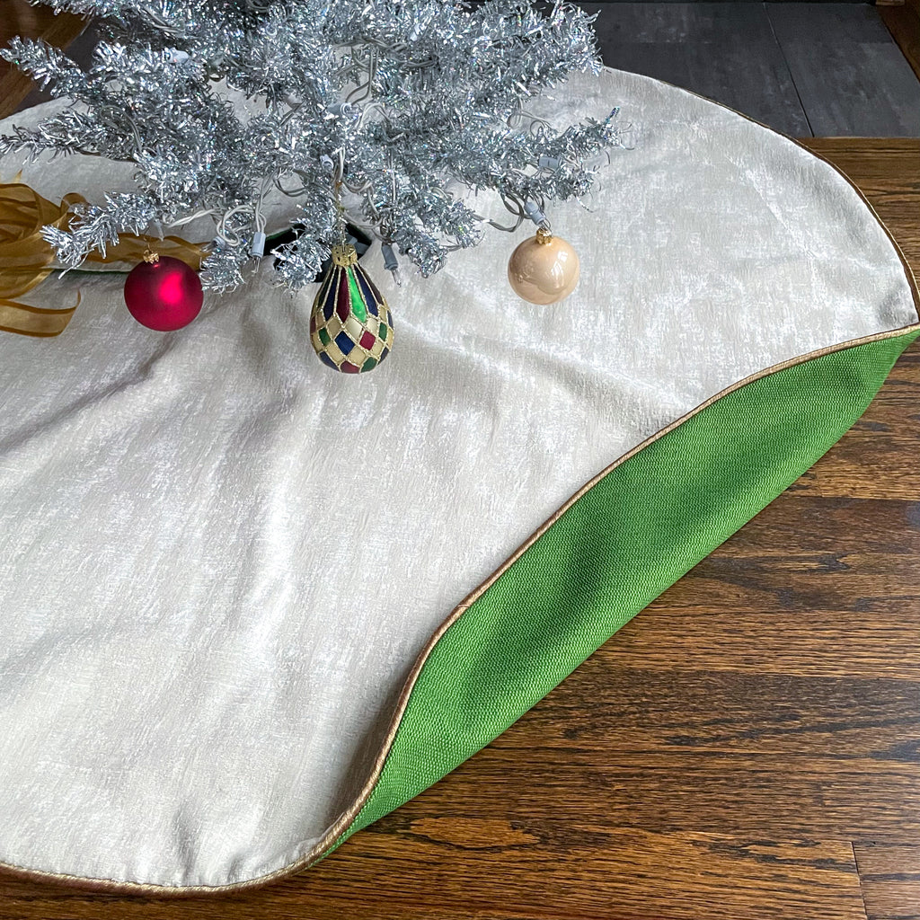 48"  Off White and Bright Green Christmas Tree Skirt | Reversible