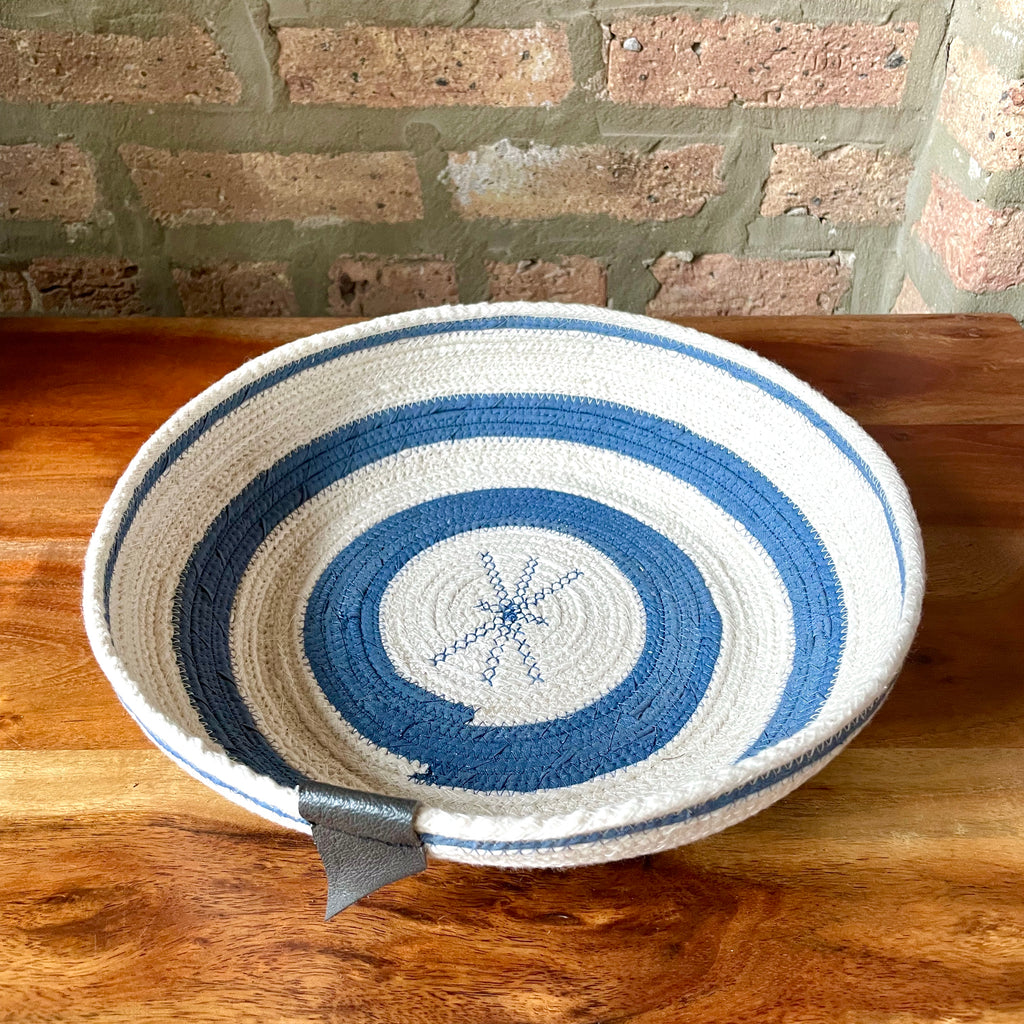 Large Round Rope Bowl with Blue Accents