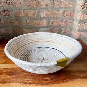 Large Round Coiled Rope Bowl | 13" Diameter, 4" Deep | White, Navy Blue, Gold