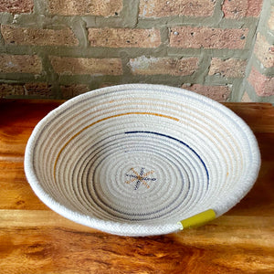 Large Round Coiled Rope Bowl | 13" Diameter, 4" Deep | White, Navy Blue, Gold 
