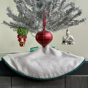 24" Aqua, Sparkly White Tabletop Christmas Tree Skirt | Reversible