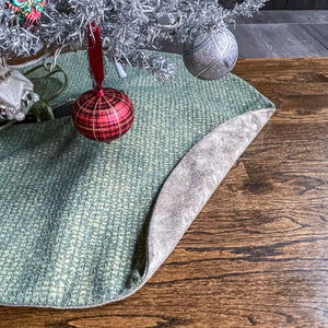 30"Neutral Brocade and Green Christmas Tree Skirt | Reversible