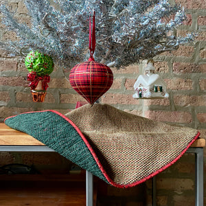 24" Beige, Green, Red Farmhouse Tabletop Christmas Tree Skirt | Reversible