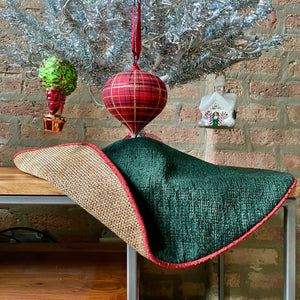 24" Beige, Green, Red Farmhouse Tabletop Christmas Tree Skirt | Reversible