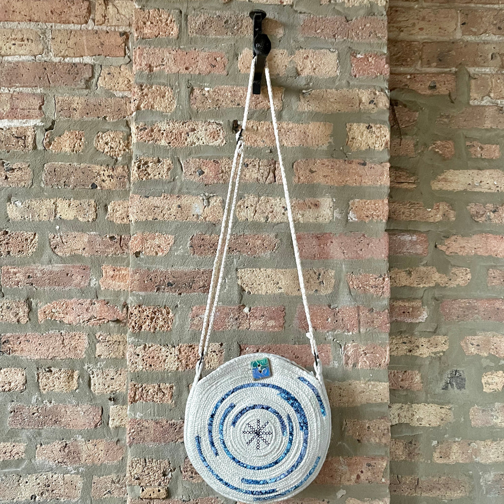 Handmade Rope Crossbody Purse | Light Blue Accents |  Coiled Rope Handbag