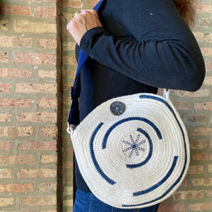 Handmade Rope Crossbody Purse | Navy Blue Accents |  Coiled Rope Handbag