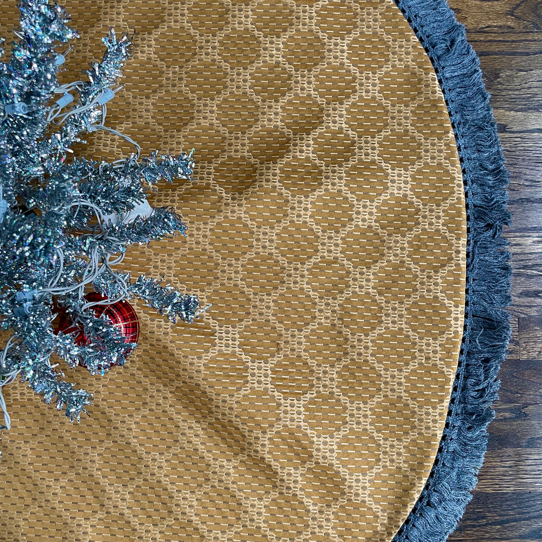 48" Gold and Gray Christmas Tree Skirt with Fringe | Reversible