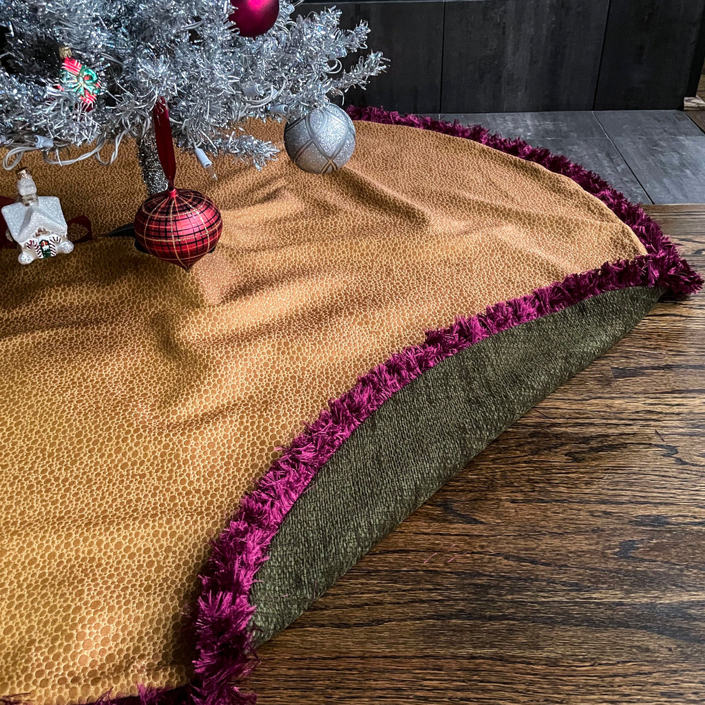 48" Gold and Green Christmas Tree Skirt with Red Fringe | Reversible