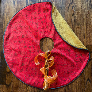 30" Retro 1970s Red, Gold, Navy Blue Polka Dot Christmas Tree Skirt | Reversible