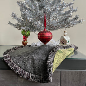24" Green, Black and Gray Tabletop Christmas Tree Skirt with Fringe | Reversible