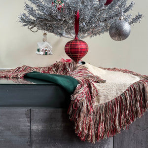 24" Neutral and Green Tabletop Christmas Tree Skirt with 5" Fringe | Reversible