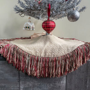 24" Neutral and Green Tabletop Christmas Tree Skirt with 5" Fringe | Reversible