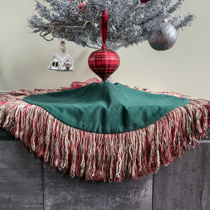24" Neutral and Green Tabletop Christmas Tree Skirt with 5" Fringe | Reversible