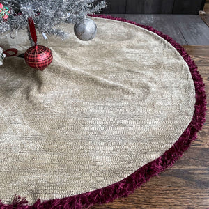 48" Neutral, Olive Green Christmas Tree Skirt with Red Fringe | Reversible