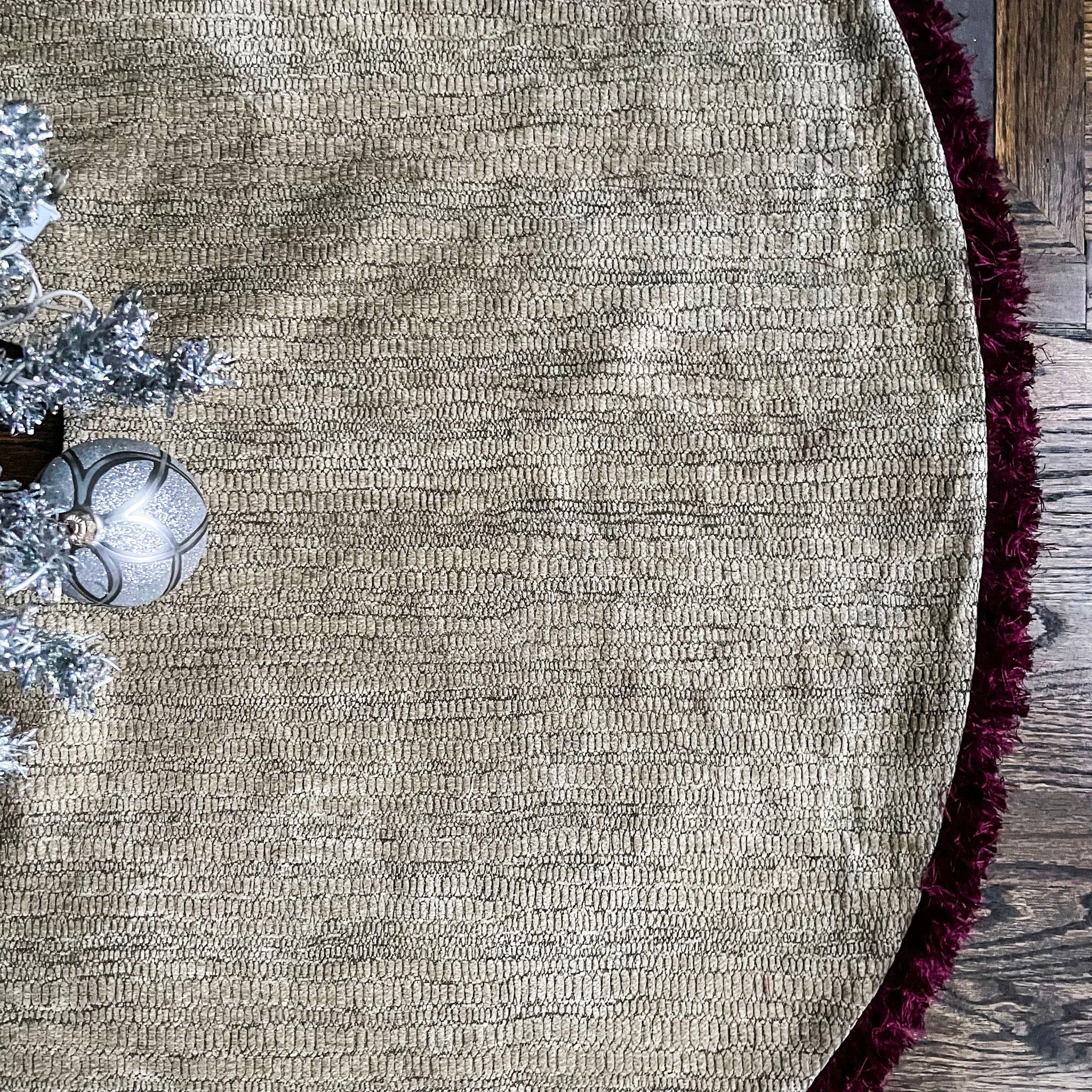 48" Neutral, Olive Green Christmas Tree Skirt with Red Fringe | Reversible
