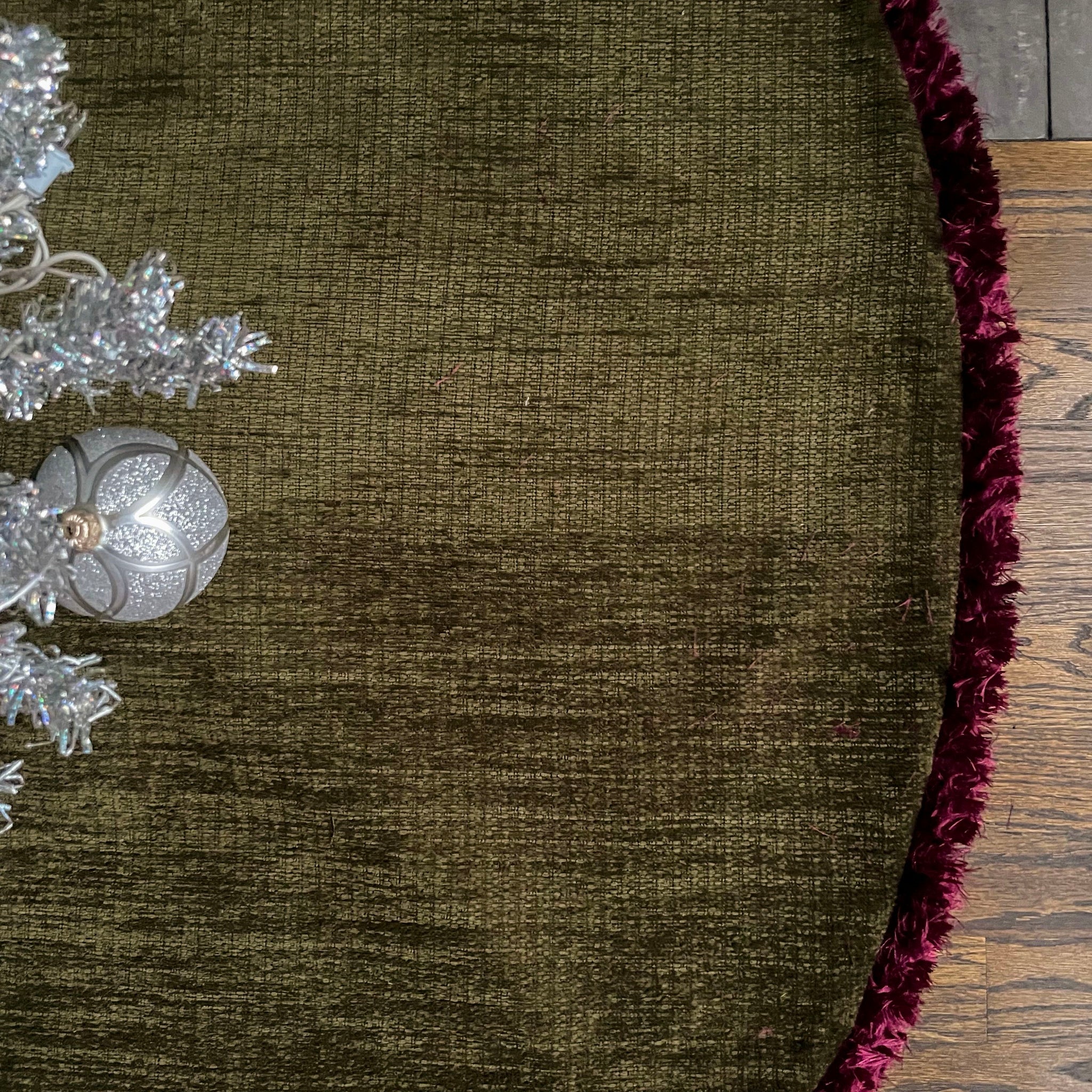 48" Neutral, Olive Green Christmas Tree Skirt with Red Fringe | Reversible
