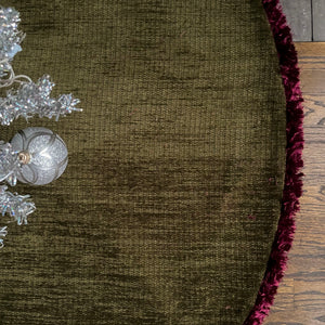 48" Neutral, Olive Green Christmas Tree Skirt with Red Fringe | Reversible