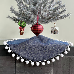 24" Navy Blue Tweed Tabletop Christmas Tree Skirt with Pom Pom Fringe | Reversible