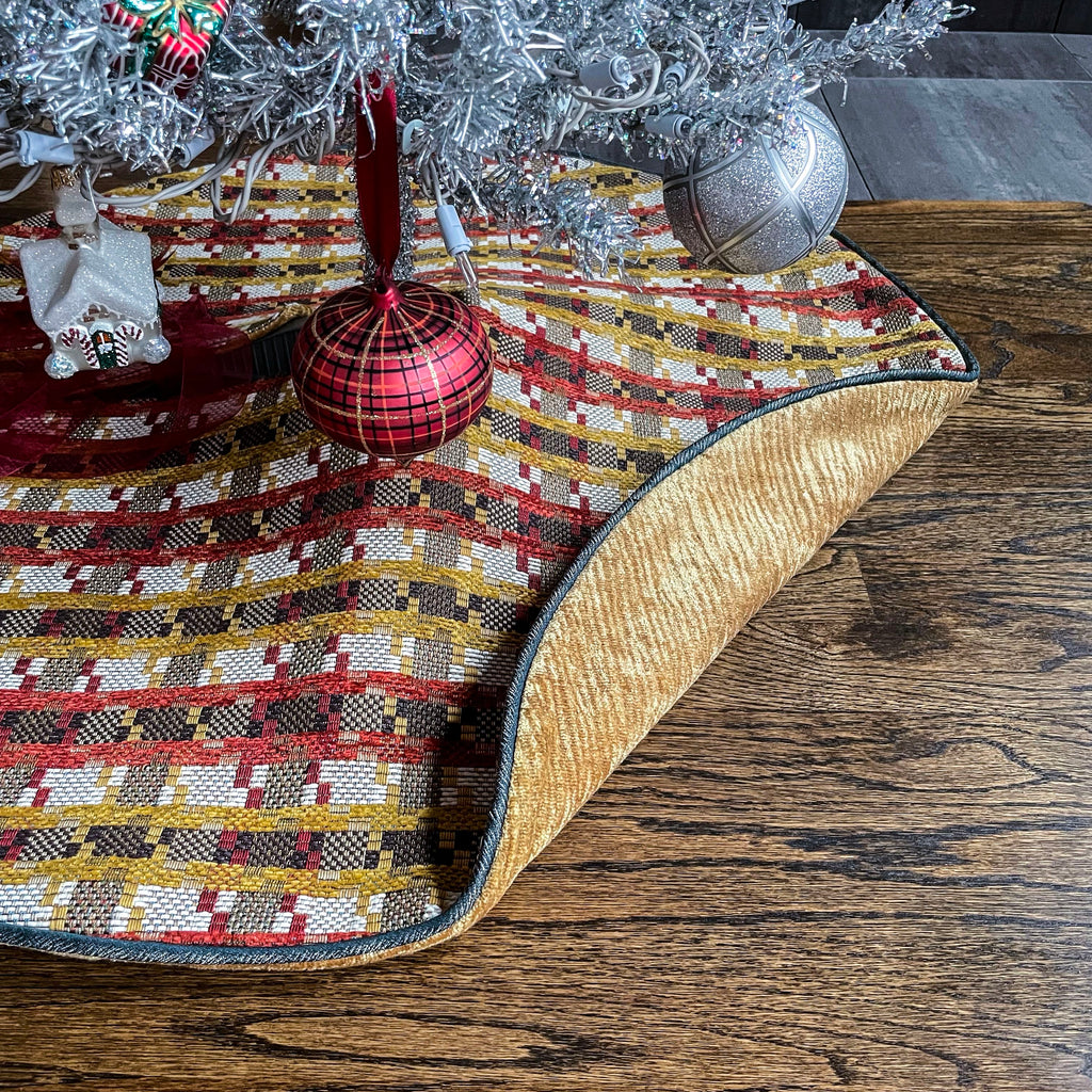 30" Elegant Farmhouse Gold, Red, Blue, White Plaid Christmas Tree Skirt | Reversible