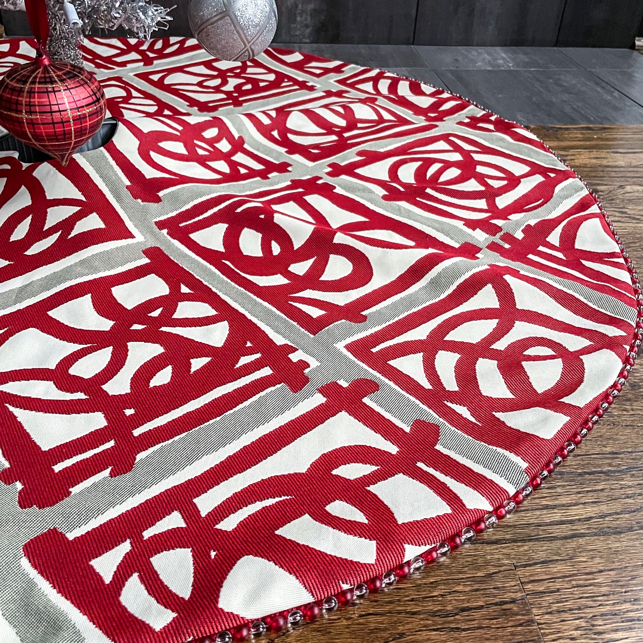 48" Contemporary Red, White, and Silver Christmas Tree Skirt with Beads | Reversible