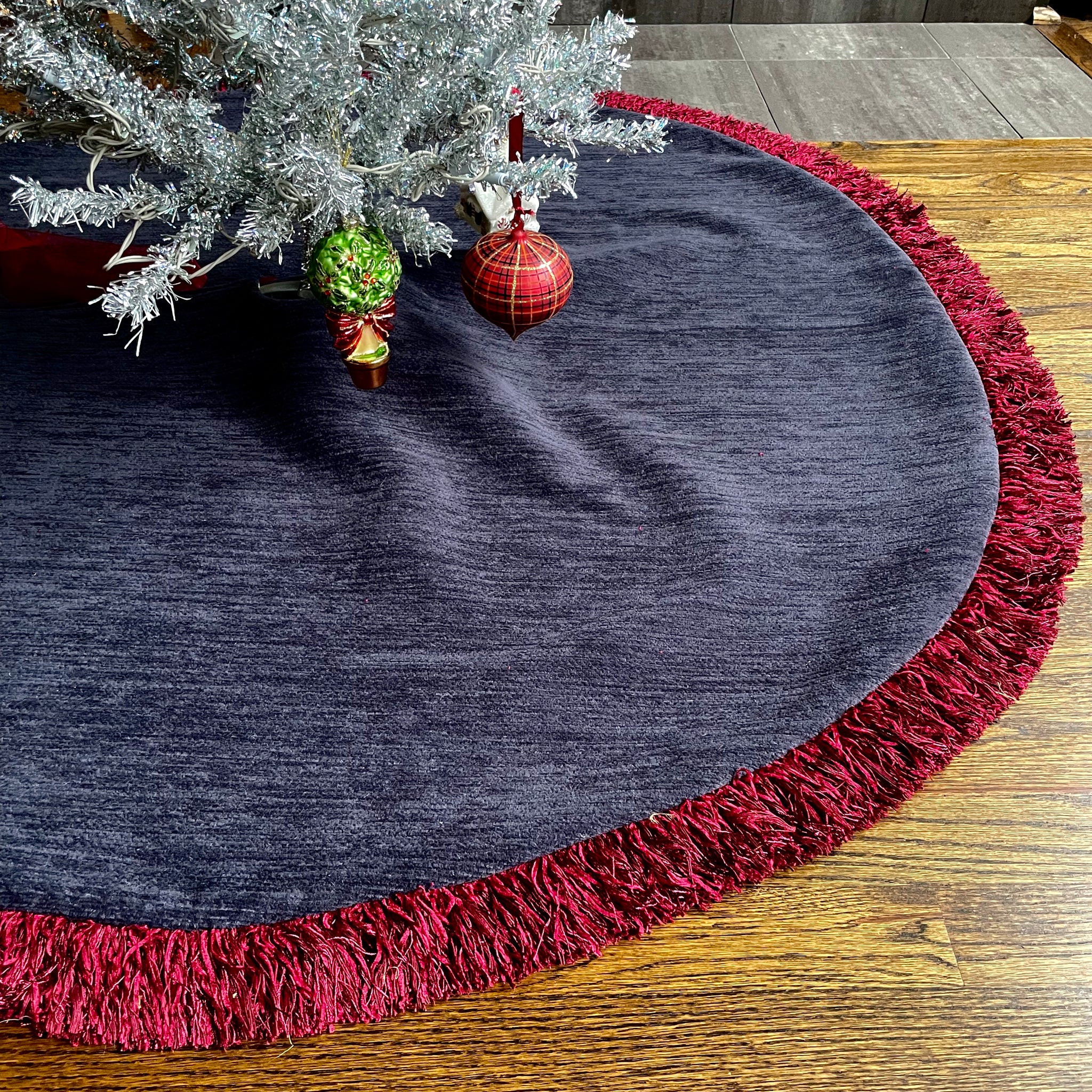 48" Navy Blue, Gray and Silver Christmas Tree Skirt with Red Fringe | Reversible