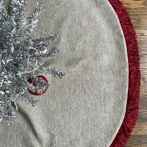 48" Navy Blue, Gray and Silver Christmas Tree Skirt with Red Fringe | Reversible