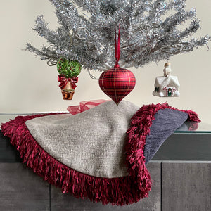 24" Metallic Silver and Navy Blue Tabletop Christmas Tree Skirt with Red Fringe | Reversible